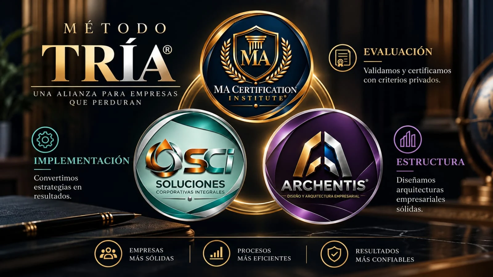 Método TRÍA® con identidad gráfica integrada de ARCHENTIS®, SCI® y MA Certification Institute®